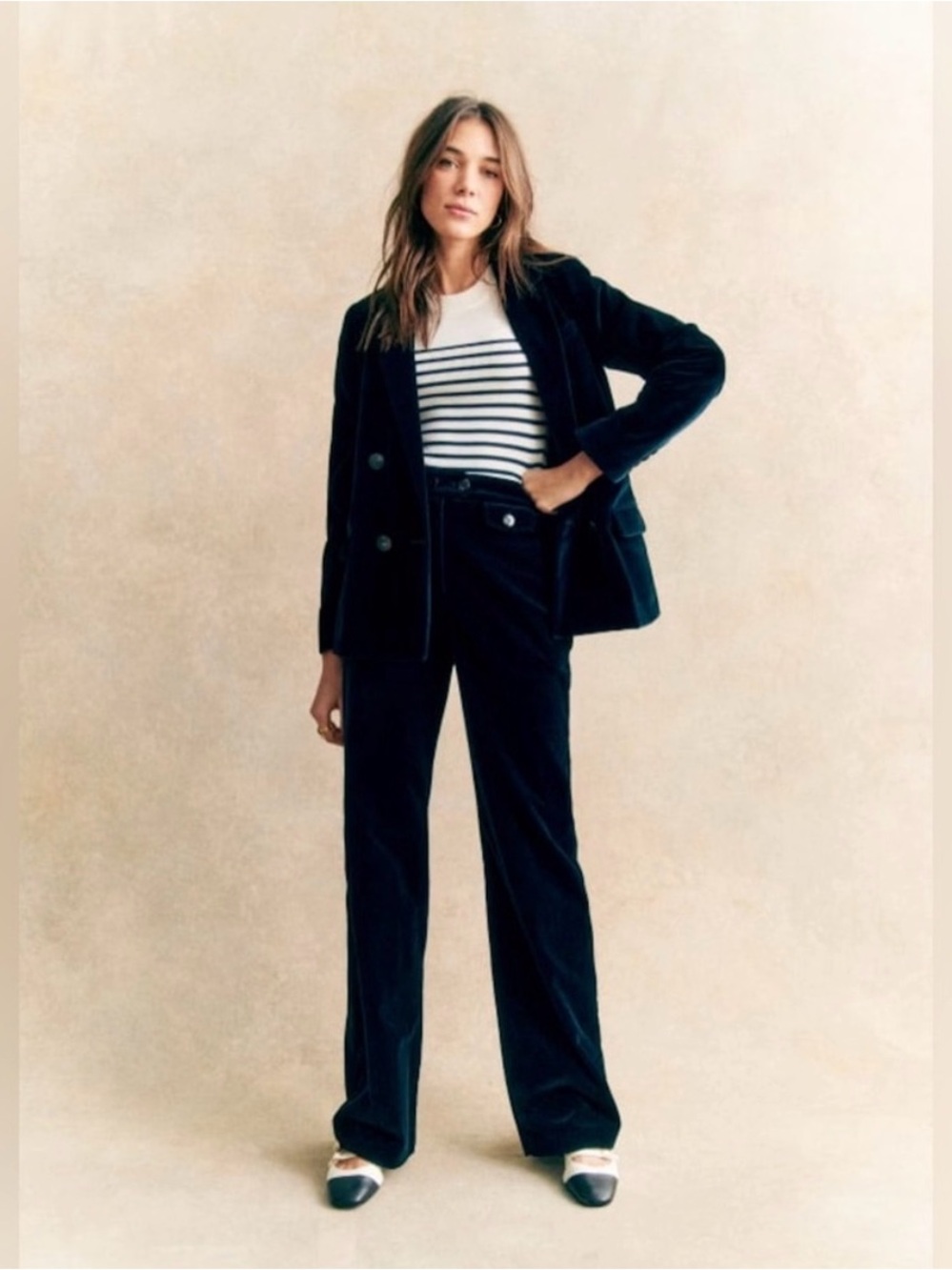 Sezane Christie Navy Velvet Blazer Size 36
